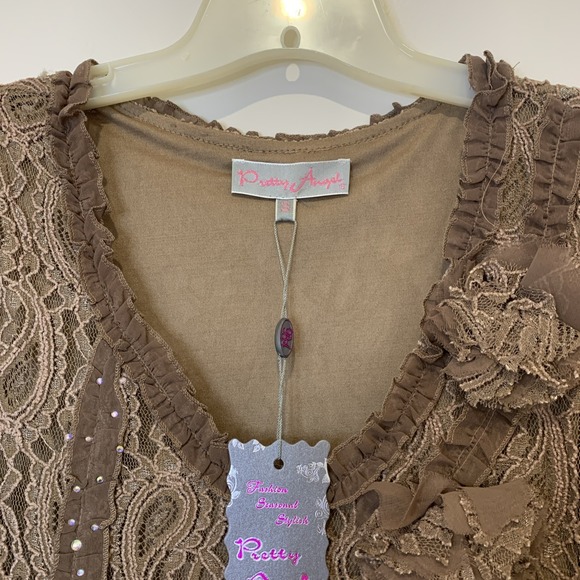 Pretty Angel Brown Mocha Small asymmetrical Crystal Lace Fairy Goth Blouse NWT - Picture 3 of 14
